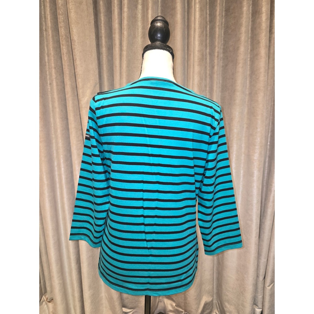 Saint James L'Atelier Striped 3/4 Sleeve Top Green Black France Womens 8 - Picture 2 of 6